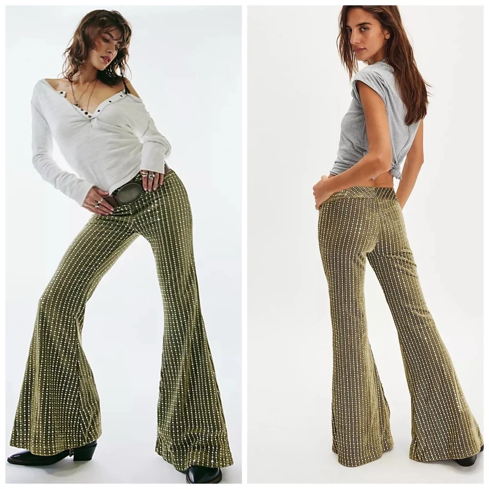 Free‎ People Start Me Up Flares Velvet Green Pants Embellished Sequin Size 14